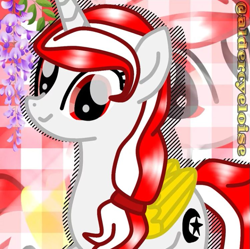 Size: 719x717 | Tagged: safe, artist:tialtri, imported from derpibooru, oc, oc:sinar bulan indonesia, alicorn, pony, alicorn oc, colored wings, flower, hair tie, horn, indonesia, light skin, smiling, solo, watermark, wings