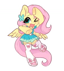 Size: 1344x1490 | Tagged: safe, artist:oofycolorful, imported from derpibooru, fluttershy, pegasus, semi-anthro, clothes, cute, dress, equestria girls outfit, female, fluttershy boho dress, mare, needy girl overdose, needy streamer overload, one eye closed, open mouth, shyabetes, simple background, skirt, socks, solo, spread wings, thigh highs, white background, wings