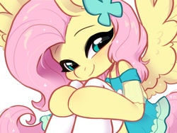 Size: 1440x1080 | Tagged: safe, artist:oofycolorful, imported from derpibooru, fluttershy, pegasus, pony, semi-anthro, blushing, clothes, cute, daaaaaaaaaaaw, dress, equestria girls outfit, female, fluttershy boho dress, looking at you, shyabetes, simple background, sitting, skirt, smiling, socks, solo, spread wings, thigh highs, weapons-grade cute, white background, wings