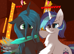 Size: 1800x1309 | Tagged: safe, artist:grithcourage, imported from derpibooru, queen chrysalis, shining armor, alicorn, pony, unicorn, adorable face, canterlot wedding 10th anniversary, cute, diamond sword, duo, forgiveness, health bars, male and female, minecraft, nether (minecraft), sword, weapon