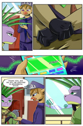 Size: 724x1103 | Tagged: safe, artist:candyclumsy, imported from derpibooru, spike, oc, dragon, griffon, comic:revolution of harmony, griffon oc, nervous, older, older spike, scenery