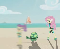 Size: 438x359 | Tagged: safe, imported from derpibooru, screencap, fluttershy, tank, human, tortoise, aww... baby turtles, equestria girls, equestria girls series, beach, clothes, cropped, fluttershy's wetsuit, lily pad (g4), motion blur, sandals, swimsuit