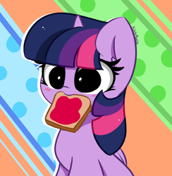 Size: 3792x3879 | Tagged: safe, artist:kittyrosie, imported from derpibooru, twilight sparkle, alicorn, pony, abstract background, blushing, bread, cute, food, jam, kittyrosie is trying to murder us, mouth hold, solo, toast, twiabetes, twilight sparkle (alicorn)
