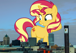 Size: 1920x1343 | Tagged: safe, artist:famousmari5, artist:thegiantponyfan, imported from derpibooru, sunset shimmer, pony, unicorn, equestria girls, female, giant pony, giant unicorn, giant/macro sunset shimmer, giantess, highrise ponies, hooves behind head, irl, looking back, macro, mare, mega giant, milwaukee, photo, ponies in real life, smiling, wisconsin