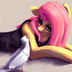 Size: 1382x1382 | Tagged: safe, artist:rainsketch, imported from derpibooru, fluttershy, bird, semi-anthro, clothes, looking at something, lying down, one ear down, solo