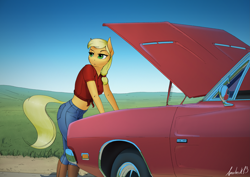 Size: 4961x3508 | Tagged: safe, artist:apocheck13, imported from derpibooru, applejack, anthro, earth pony, plantigrade anthro, absurd file size, absurd resolution, boots, breasts, busty applejack, car, clothes, dodge (car), dodge charger, female, jeans, legs together, mare, mechanic, mopar, pants, reasonably sized breasts, shoes, signature, solo