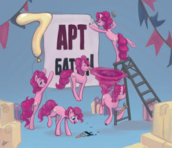 Size: 1200x1030 | Tagged: safe, artist:yarugreat, imported from derpibooru, pinkie pie, earth pony, pony, 7, balloon, box, clone, cyrillic, floating, party, russian, solo, tabun art-battle, tabun art-battle cover