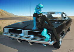 Size: 3508x2480 | Tagged: safe, artist:apocheck13, imported from derpibooru, oc, oc only, anthro, earth pony, plantigrade anthro, boots, car, clothes, desert, dodge (car), dodge charger, female, mare, pinup, police, police uniform, shoes, solo