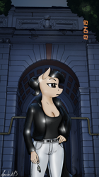 Size: 1400x2500 | Tagged: safe, alternate version, artist:apocheck13, imported from derpibooru, oc, oc:elya, anthro, earth pony, arch, belt, breasts, cleavage, clothes, earth pony oc, female, jacket, jeans, keychain, leather jacket, looking away, pants, reasonably sized breasts, solo