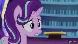 Size: 640x360 | Tagged: safe, imported from derpibooru, screencap, starlight glimmer, twilight sparkle, alicorn, pony, unicorn, season 6, the crystalling, animated, close-up, duo, extreme close-up, eyes closed, female, gif, gifs.com, library, mare, paranoia, ptsd, ptsd glimmer, sweat, twilight sparkle (alicorn)