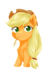 Size: 1756x2300 | Tagged: safe, artist:silky soya, imported from derpibooru, applejack, earth pony, pony, cute, ear fluff, fluffy, looking at you, simple background, solo, straw in mouth, white background