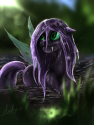 Size: 3000x4000 | Tagged: safe, artist:andley, imported from derpibooru, oc, oc only, oc:purple haze, changeling, hybrid, blank flank, cute, fangs, female, grass, mare, purple changeling, river, smiling, swimming, water, wet