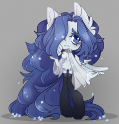 Size: 1180x1228 | Tagged: safe, artist:cafne, imported from derpibooru, oc, oc only, anthro, pegasus, unguligrade anthro, big hair, chest fluff, collar, ear fluff, ethereal mane, eyelashes, female, hair over one eye, pegasus oc, simple background, solo, starry mane, wings