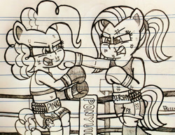 Size: 1280x984 | Tagged: safe, artist:ct1443ae, imported from derpibooru, fluttershy, pinkie pie, earth pony, pegasus, semi-anthro, badass, boxing, boxing gloves, boxing ring, flutterbadass, lined paper, pencil drawing, sports, traditional art