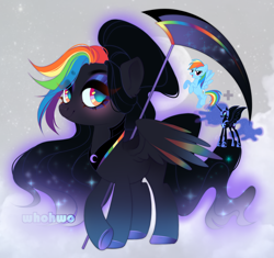 Size: 1886x1770 | Tagged: safe, artist:whohwo, imported from derpibooru, nightmare moon, rainbow dash, pony, base used, bat wings, eyelashes, female, hoof polish, makeup, mare, nightmare rainbow dash, nightmarified, scythe, wings