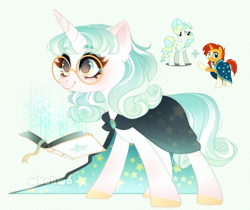 Size: 1618x1358 | Tagged: safe, artist:whohwo, imported from derpibooru, sunburst, vapor trail, pegasus, pony, unicorn, base used, book, coat markings, eyelashes, female, fusion, glasses, hoof polish, makeup, male, mare, raised hoof, smiling, socks (coat markings), stallion