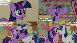 Size: 1280x720 | Tagged: safe, edit, edited screencap, editor:quoterific, imported from derpibooru, screencap, princess cadance, shining armor, twilight sparkle, alicorn, pony, unicorn, season 5, the one where pinkie pie knows, ^^, crown, cute, eyes closed, female, hug, jewelry, male, mare, open mouth, open smile, regalia, smiling, spread wings, stallion, sugarcube corner, text, trio, twiabetes, twilight sparkle (alicorn), wings