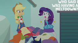 Size: 1280x720 | Tagged: safe, edit, edited screencap, editor:quoterific, imported from derpibooru, screencap, applejack, rarity, human, equestria girls, equestria girls series, rollercoaster of friendship, applejack's hat, belt, bracelet, clothes, cowboy hat, cutie mark on clothes, denim shorts, duo, duo female, female, geode of shielding, geode of super strength, hairpin, hat, jewelry, magical geodes, open mouth, rarity peplum dress, shorts, text