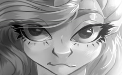 Size: 1280x790 | Tagged: safe, artist:meggychocolatka, imported from derpibooru, oc, oc only, pony, bust, eyelashes, female, grayscale, mare, monochrome, smiling, solo