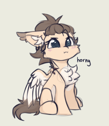 Size: 2100x2432 | Tagged: safe, artist:dorkmark, imported from derpibooru, oc, oc only, oc:dima, pegasus, pony, cheek fluff, chest fluff, colored eartips, ear fluff, horny, simple background, sketch, solo