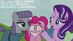 Size: 1280x720 | Tagged: safe, edit, edited screencap, editor:quoterific, imported from derpibooru, screencap, maud pie, pinkie pie, starlight glimmer, earth pony, pony, unicorn, rock solid friendship, season 7, bag, female, grin, mare, open mouth, open smile, saddle bag, shrunken pupils, smiling, text, trio