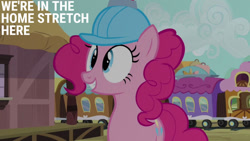 Size: 1280x720 | Tagged: safe, edit, edited screencap, editor:quoterific, imported from derpibooru, screencap, pinkie pie, earth pony, pony, mmmystery on the friendship express, season 2, female, friendship express, grin, helmet, locomotive, mare, smiling, solo, steam locomotive, text, train, train station