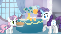 Size: 1280x720 | Tagged: safe, artist:mlplary6, imported from derpibooru, rarity, sweetie belle, pony, unicorn, belle sisters, breakfast, drink, egg (food), female, filly, flower, foal, food, juice, mare, pie, siblings, sisters, smiling