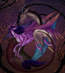 Size: 1280x1424 | Tagged: safe, artist:shimmer-fox, imported from derpibooru, discord, twilight sparkle, alicorn, draconequus, pony, 2022, discolight, duo, duo male and female, female, grin, horn, horns, large wings, long tail, looking at each other, looking at someone, male, mare, shipping, signature, smiling, smiling at each other, straight, tail, twilight sparkle (alicorn), wings