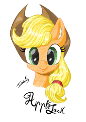 Size: 2481x3508 | Tagged: safe, artist:memprices, imported from derpibooru, applejack, earth pony, pony, applebetes, bust, clip studio paint, cute, high res, looking at you, pencil, pencil drawing, portrait, signature, simple background, smiling, solo, traditional art, white background