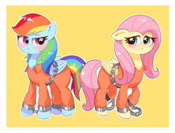 Size: 3088x2364 | Tagged: safe, artist:leo19969525, imported from derpibooru, fluttershy, rainbow dash, pegasus, pony, blushing, chains, clothes, commission, duo, duo female, female, frown, hair, high res, mare, multicolored hair, never doubt rainbowdash69's involvement, pink hair, pink tail, prison outfit, prisoner, prisoner ft, prisoner rd, rainbow hair, rainbow tail, simple background, tail, wings, yellow background