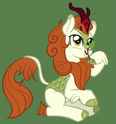 Size: 997x1063 | Tagged: safe, artist:nonameorous, imported from derpibooru, autumn blaze, kirin, sounds of silence, awwtumn blaze, cute, female, green background, leaf, mare, puppet, simple background, smiling, stick