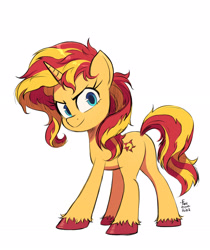 Size: 2546x3036 | Tagged: safe, artist:fanzeem, imported from derpibooru, kotobukiya, sunset shimmer, pony, unicorn, bunset shimmer, butt, colored hooves, female, full body, high res, hooves, horn, looking at you, looking back, looking back at you, mare, plot, simple background, solo, standing, tail, unshorn fetlocks, white background