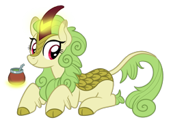 Size: 1750x1230 | Tagged: safe, artist:nonameorous, imported from derpibooru, spring glow, kirin, sounds of silence, food, green, magic, magic aura, mate, simple background, sitting, smiling, solo, tea, telekinesis, transparent background, vector