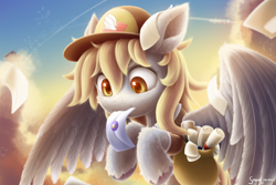 Size: 2700x1800 | Tagged: safe, artist:symbianl, imported from derpibooru, derpy hooves, pegasus, pony, :3, bag, cute, derpabetes, female, flying, hat, letter, mailmare, mailmare hat, mare, mouth hold, scroll, sky, solo, spread wings, wings