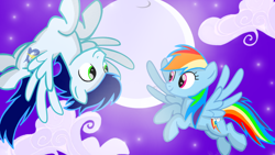 Size: 1280x720 | Tagged: safe, artist:mlplary6, imported from derpibooru, rainbow dash, soarin', pegasus, pony, cloud, female, flying, looking at each other, male, mare, moon, night, shipping, smiling, smiling at each other, soarindash, stallion, straight