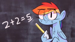 Size: 1920x1080 | Tagged: safe, artist:eveeyuwu, imported from derpibooru, rainbow dash, pegasus, pony, bad math, chalk, chalkboard, female, mare, math, solo, teaching, wavy mouth, you tried