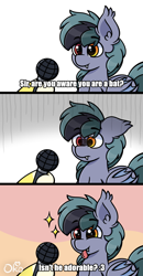 Size: 1200x2300 | Tagged: safe, artist:okopod, imported from derpibooru, oc, oc only, oc:scrimmy, bat pony, pony, 3 panel comic, :p, are you aware you are a pony, bat pony oc, bat wings, comic, cute, ear fluff, fangs, folded wings, gray coat, heterochromia, meme, microphone, ponified animal photo, scared, simple background, smiling, solo, stars, text, tongue out, wings