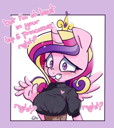 Size: 1524x1705 | Tagged: safe, artist:lou, imported from derpibooru, princess cadance, alicorn, anthro, breasts, busty princess cadance, canterlot wedding 10th anniversary, female, sweat, sweatdrop, text