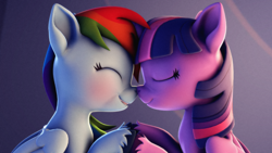 Size: 3840x2160 | Tagged: safe, artist:psfmer, imported from derpibooru, rainbow dash, twilight sparkle, alicorn, pegasus, pony, 3d, blushing, boop, female, lesbian, noseboop, nuzzling, revamped ponies, shipping, source filmmaker, twidash, twilight sparkle (alicorn)