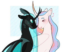 Size: 1280x1079 | Tagged: safe, artist:s0ftserve, imported from derpibooru, princess celestia, queen chrysalis, alicorn, changeling, changeling queen, alternate design, blue blush, blushing, canterlot wedding 10th anniversary, curved horn, female, g4, headcanon in the description, horn, lesbian, looking at each other, looking at someone, simple background, transparent background