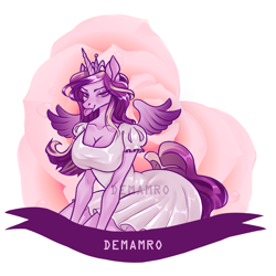 Size: 3000x3000 | Tagged: safe, artist:demamro, imported from derpibooru, princess cadance, alicorn, anthro, big breasts, breasts, cleavage, clothes, dress, heart, lidded eyes, looking at you, love, raspberry, smiling, solo, spread wings, tongue out, wings