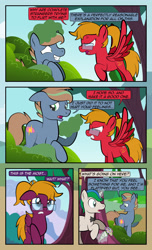 Size: 1920x3168 | Tagged: safe, artist:alexdti, imported from derpibooru, oc, oc only, oc:brainstorm (alexdti), oc:purple creativity, oc:star logic, pegasus, pony, unicorn, comic:quest for friendship, angry, bouquet, bowtie, butt, comic, cross-popping veins, dialogue, ears back, eye contact, female, floppy ears, flower, folded wings, glasses, glowing, glowing horn, grin, gritted teeth, high res, hoof hold, hooves, horn, looking at each other, looking at someone, looking away, magic, male, mare, narrowed eyes, nervous, nervous grin, open mouth, outdoors, pegasus oc, plot, ponytail, raised eyebrow, raised hoof, red face, shrunken pupils, smiling, speech bubble, spread wings, stallion, standing, teeth, telekinesis, two toned mane, unicorn oc, wall of tags, wings