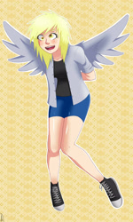 Size: 1897x3162 | Tagged: safe, artist:ioriyokusa01, imported from derpibooru, derpy hooves, human, 2017, blushing, clothes, converse, female, high res, humanized, open mouth, open smile, shoes, shorts, smiling, sneakers, solo, spread wings, winged humanization, wings