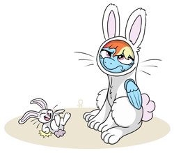 Size: 1819x1595 | Tagged: safe, artist:doodledonutart, imported from derpibooru, angel bunny, rainbow dash, pegasus, pony, rabbit, animal, animal costume, bunny costume, clothes, comic, costume, female, laughing, male, mare, rainbow dash is not amused, simple background, unamused, white background