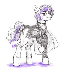 Size: 2048x2236 | Tagged: safe, artist:karamboll, imported from derpibooru, oc, oc:caramel mirage, pony, unicorn, cape, clothes, commission, curly hair, male, military uniform, sketch, solo, uniform