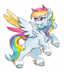 Size: 3417x3850 | Tagged: safe, artist:lightisanasshole, imported from derpibooru, rainbow dash, pegasus, pony, colored hooves, colored wings, female, grin, hair, messy mane, missing cutie mark, multicolored hair, rainbow hair, redraw, simple background, smiling, solo, traditional art, unshorn fetlocks, watercolor painting, white background, wings