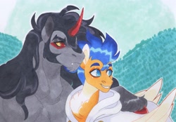Size: 3875x2695 | Tagged: safe, artist:frozensoulpony, imported from derpibooru, flash sentry, king sombra, pony, chest fluff, flashbra, gay, male, shipping, smiling, traditional art