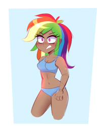 Size: 629x772 | Tagged: safe, artist:darkynez, imported from derpibooru, kotobukiya, rainbow dash, human, equestria girls, bare shoulders, blushing, bra, breasts, clothes, dark skin, embarrassed, embarrassed body exposure, kotobukiya rainbow dash, panties, sleeveless, solo, underwear