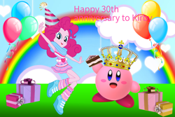 Size: 3000x2000 | Tagged: safe, artist:magical-mama, artist:sugar-loop, artist:user15432, imported from derpibooru, pinkie pie, human, equestria girls, anniversary, balloon, barely eqg related, birthday, birthday cake, birthday gift, cake, cloud, crossover, crown, food, gift wrapped, hat, jewelry, kirby, kirby (series), kirby pie, looking at you, open mouth, party, party hat, present, rainbow, regalia