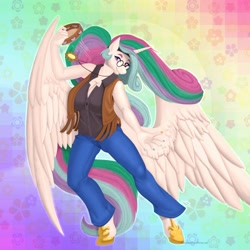 Size: 4000x4000 | Tagged: safe, artist:sintacle, imported from derpibooru, princess celestia, alicorn, anthro, unguligrade anthro, abstract background, absurd resolution, bellbottoms, big breasts, breasts, busty princess celestia, cleavage, clothes, female, glasses, hippie, jewelry, large wings, looking at you, mare, musical instrument, nail polish, necklace, pants, smiling, smiling at you, solo, tambourine, vest, wings